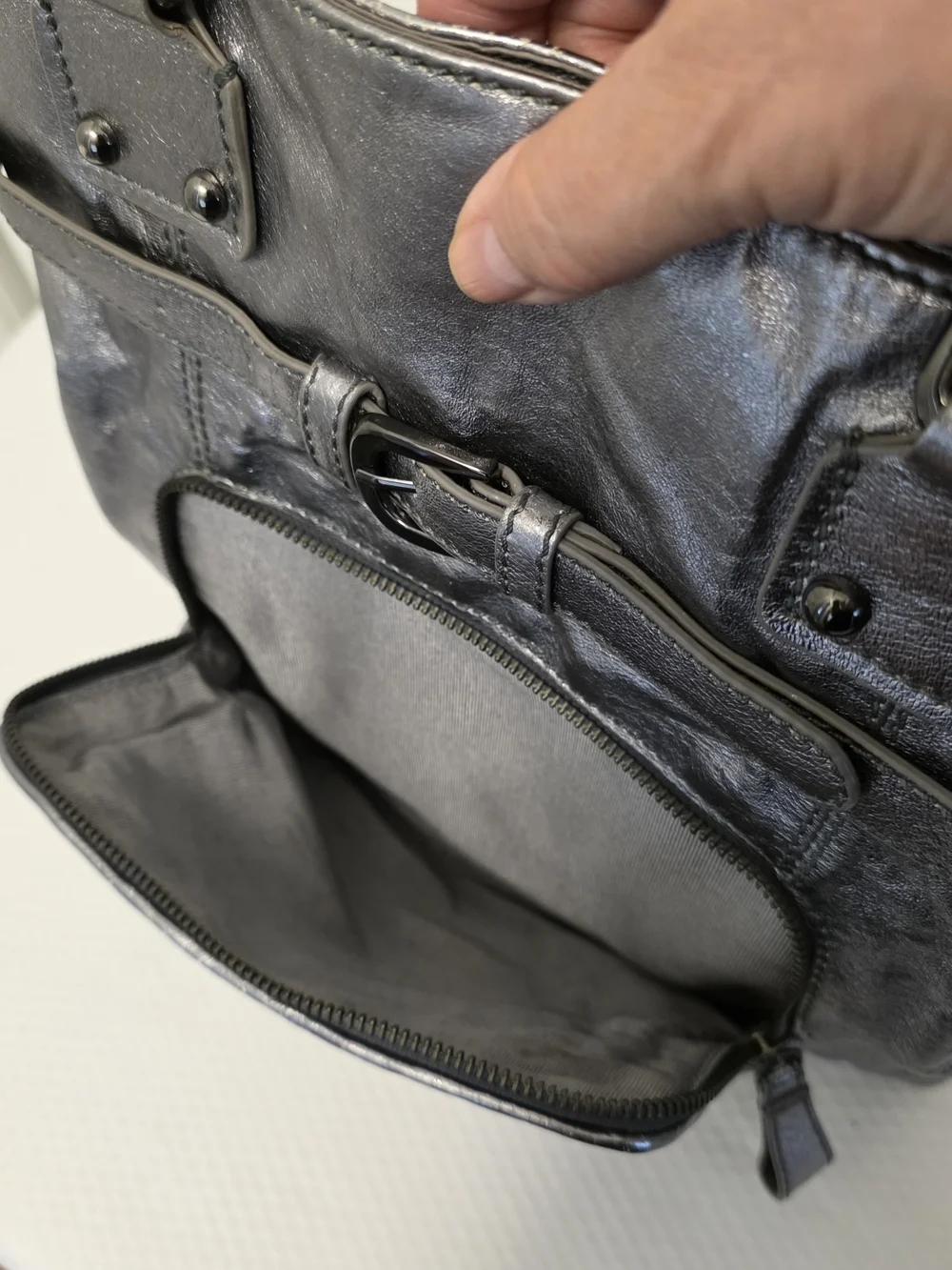 Elliott Lucca Silver Metallic Woven Front Leather Shoulder Bag, Stylish, Unique